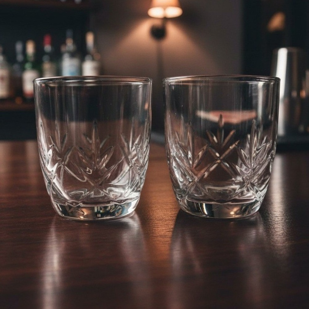 Anchor Hocking Fleur Whsikey Glasses, Set of 2, Clear Fan Design Flat Tumblers